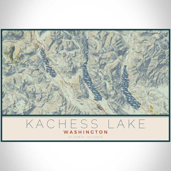 Kachess Lake Washington Map Print Landscape Orientation in Woodblock Style With Shaded Background