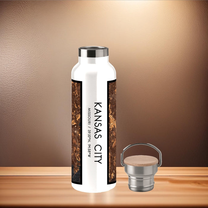 Kansas City Missouri Custom City Map Inscription Coordinates on 20oz Stainless Steel Insulated Bottle with Bamboo Top with printed ember style map