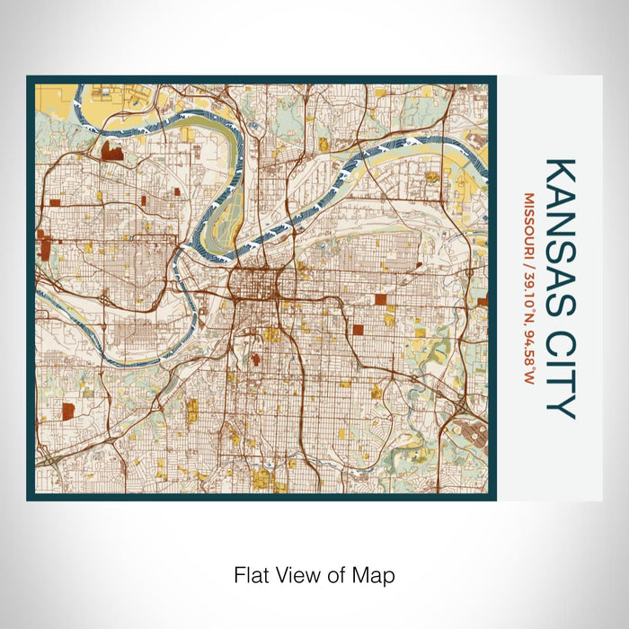 Rendered View of Kansas City Missouri Map on 20oz Stainless Steel Insulated Bottle with Bamboo Top with printed woodblock style map