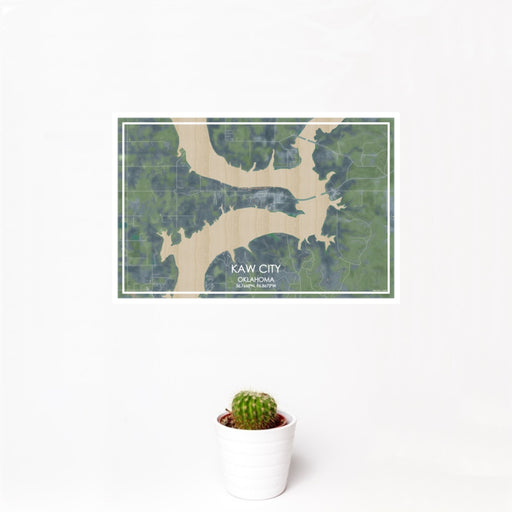 12x18 Kaw City Oklahoma Map Print Landscape Orientation in Afternoon Style With Small Cactus Plant in White Planter