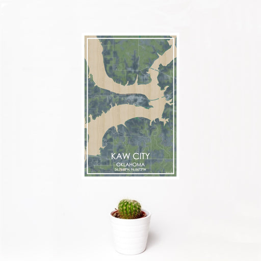 12x18 Kaw City Oklahoma Map Print Portrait Orientation in Afternoon Style With Small Cactus Plant in White Planter