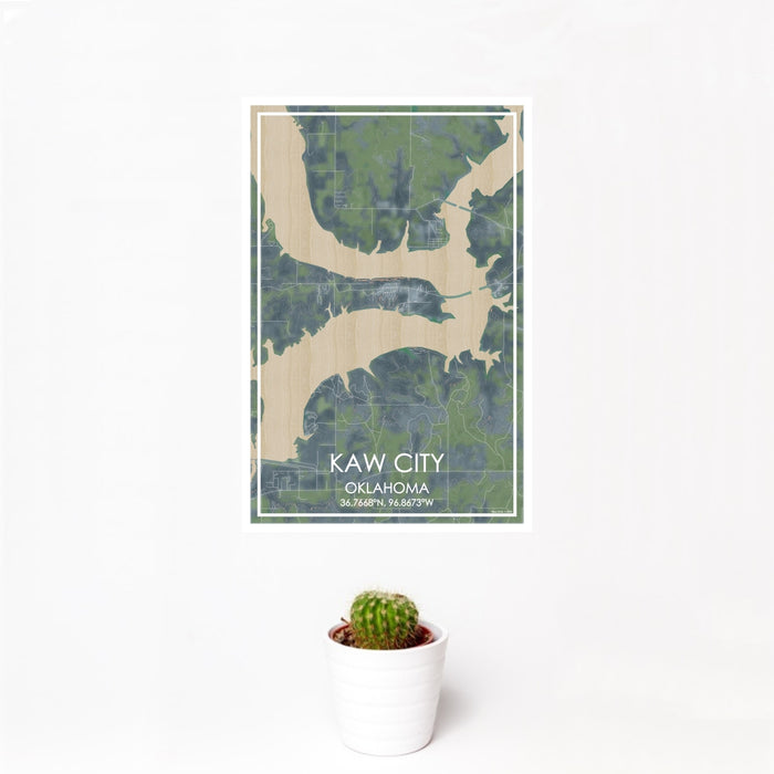 12x18 Kaw City Oklahoma Map Print Portrait Orientation in Afternoon Style With Small Cactus Plant in White Planter