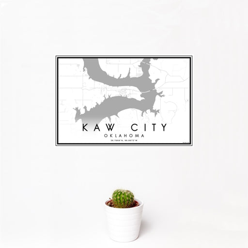 12x18 Kaw City Oklahoma Map Print Landscape Orientation in Classic Style With Small Cactus Plant in White Planter