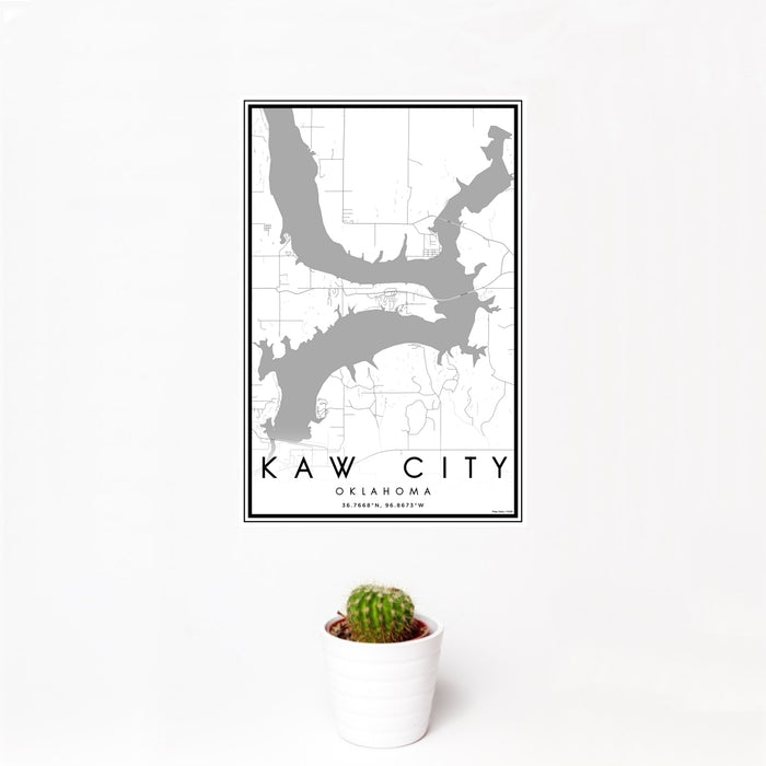 12x18 Kaw City Oklahoma Map Print Portrait Orientation in Classic Style With Small Cactus Plant in White Planter