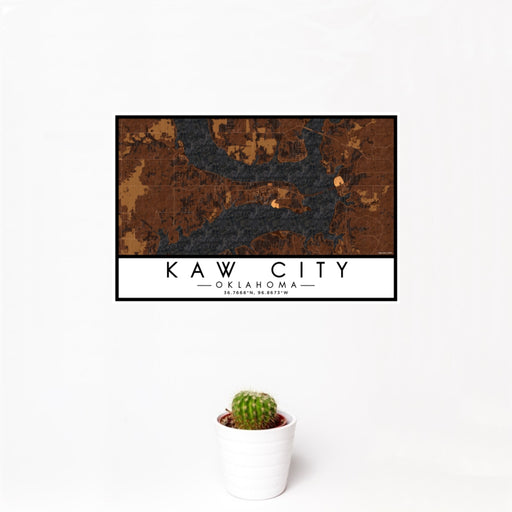 12x18 Kaw City Oklahoma Map Print Landscape Orientation in Ember Style With Small Cactus Plant in White Planter