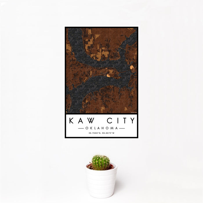 12x18 Kaw City Oklahoma Map Print Portrait Orientation in Ember Style With Small Cactus Plant in White Planter
