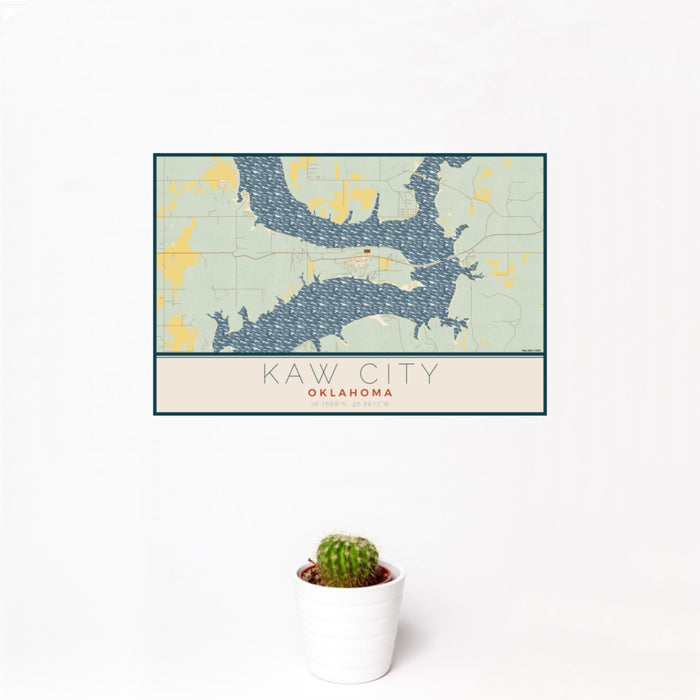 12x18 Kaw City Oklahoma Map Print Landscape Orientation in Woodblock Style With Small Cactus Plant in White Planter
