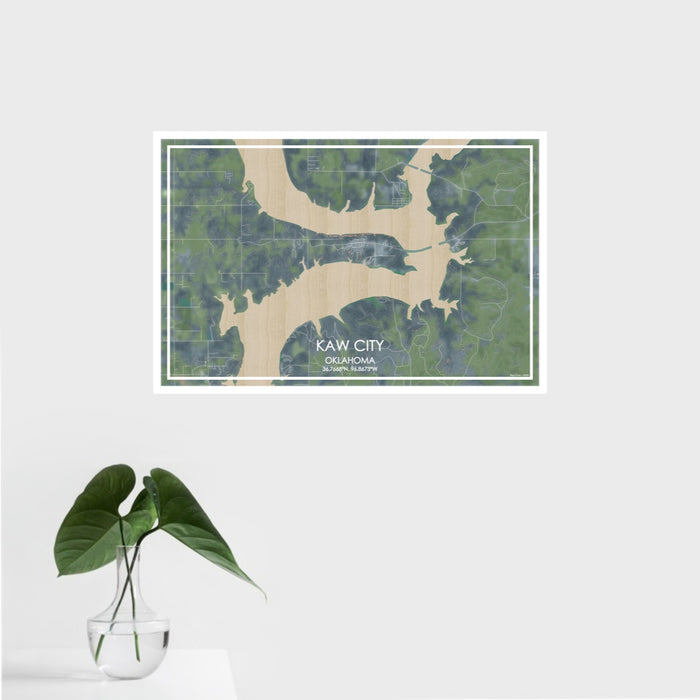 16x24 Kaw City Oklahoma Map Print Landscape Orientation in Afternoon Style With Tropical Plant Leaves in Water