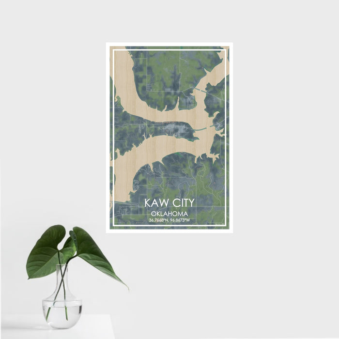 16x24 Kaw City Oklahoma Map Print Portrait Orientation in Afternoon Style With Tropical Plant Leaves in Water