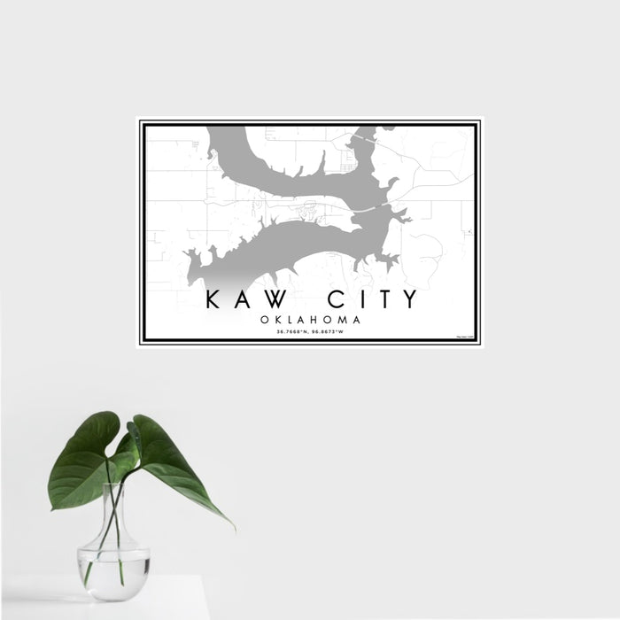 16x24 Kaw City Oklahoma Map Print Landscape Orientation in Classic Style With Tropical Plant Leaves in Water