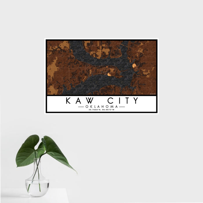 16x24 Kaw City Oklahoma Map Print Landscape Orientation in Ember Style With Tropical Plant Leaves in Water