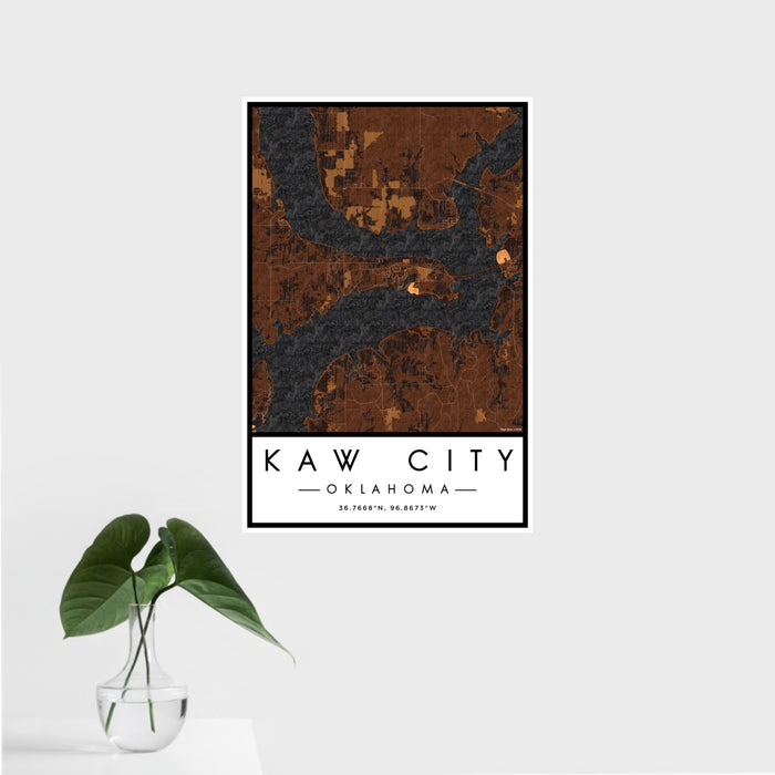16x24 Kaw City Oklahoma Map Print Portrait Orientation in Ember Style With Tropical Plant Leaves in Water