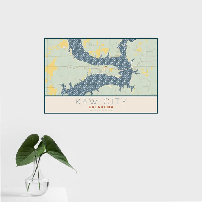 16x24 Kaw City Oklahoma Map Print Landscape Orientation in Woodblock Style With Tropical Plant Leaves in Water