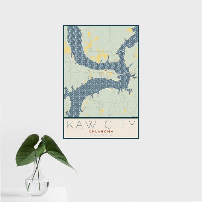 16x24 Kaw City Oklahoma Map Print Portrait Orientation in Woodblock Style With Tropical Plant Leaves in Water