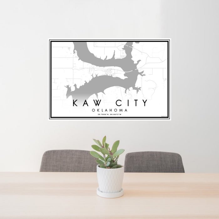 24x36 Kaw City Oklahoma Map Print Lanscape Orientation in Classic Style Behind 2 Chairs Table and Potted Plant