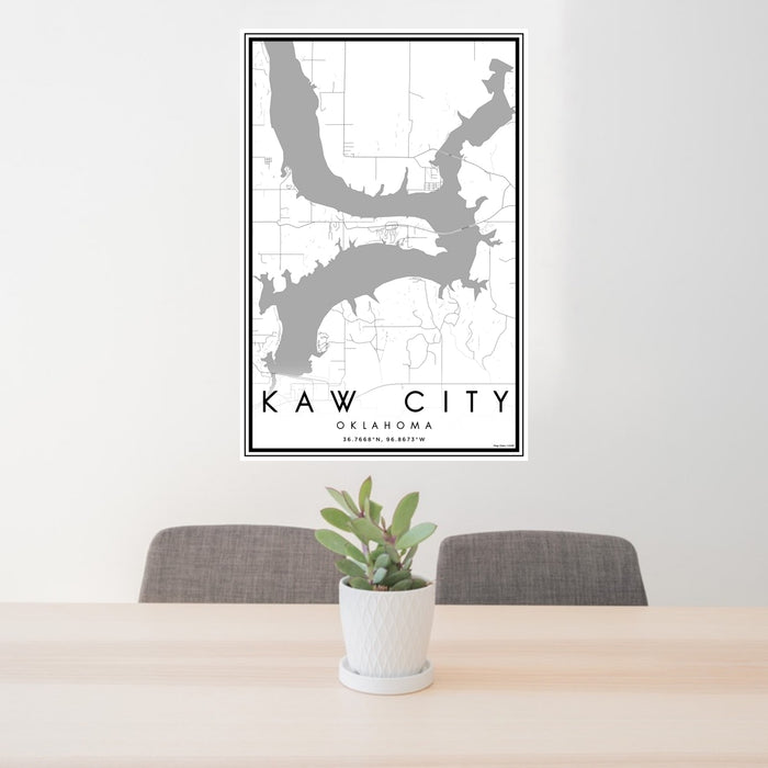 24x36 Kaw City Oklahoma Map Print Portrait Orientation in Classic Style Behind 2 Chairs Table and Potted Plant