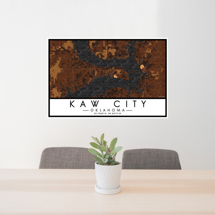 24x36 Kaw City Oklahoma Map Print Lanscape Orientation in Ember Style Behind 2 Chairs Table and Potted Plant