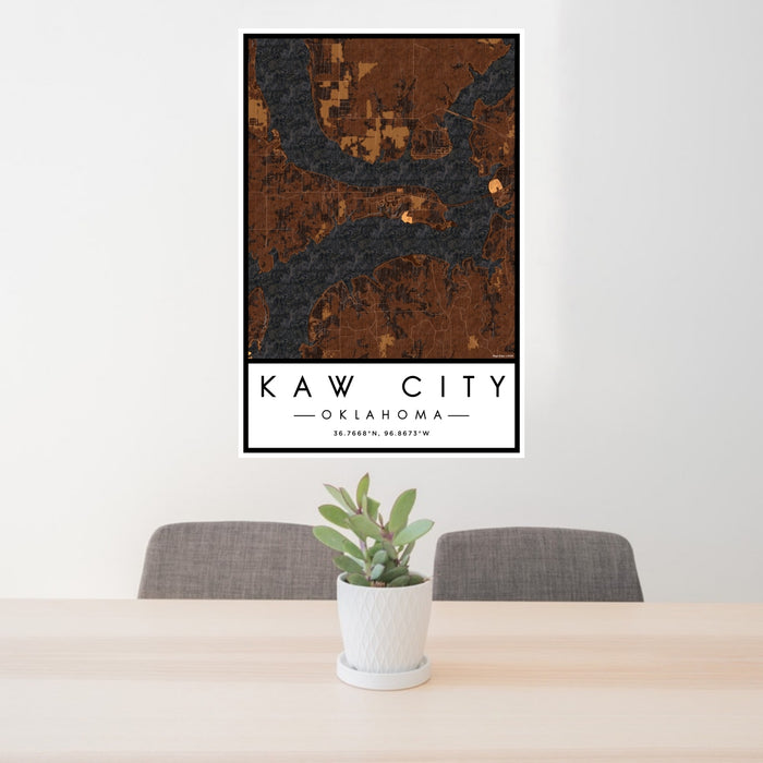 24x36 Kaw City Oklahoma Map Print Portrait Orientation in Ember Style Behind 2 Chairs Table and Potted Plant