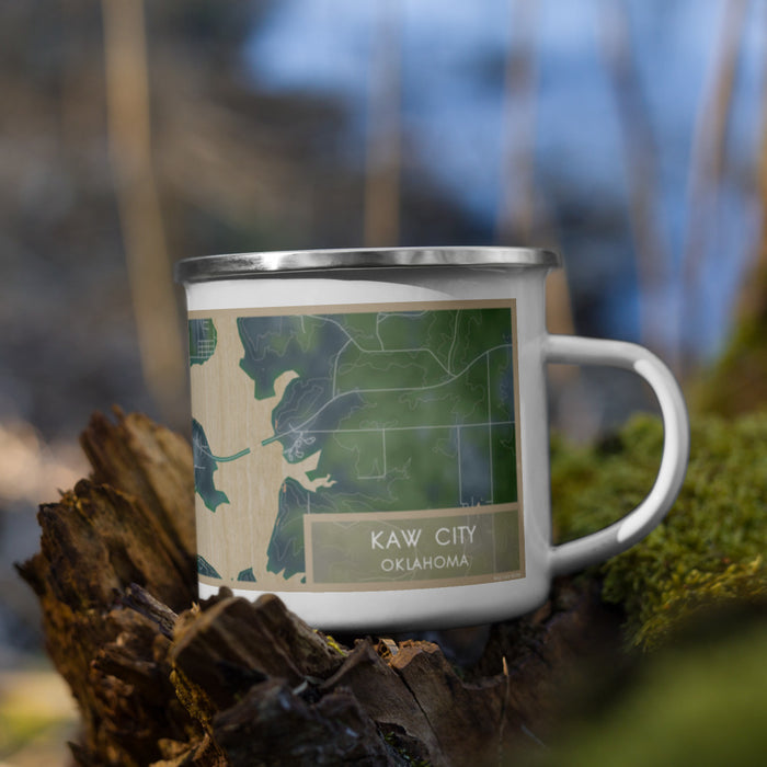 Right View Custom Kaw City Oklahoma Map Enamel Mug in Afternoon on Grass With Trees in Background