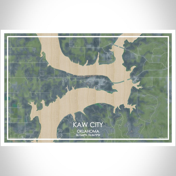 Kaw City Oklahoma Map Print Landscape Orientation in Afternoon Style With Shaded Background