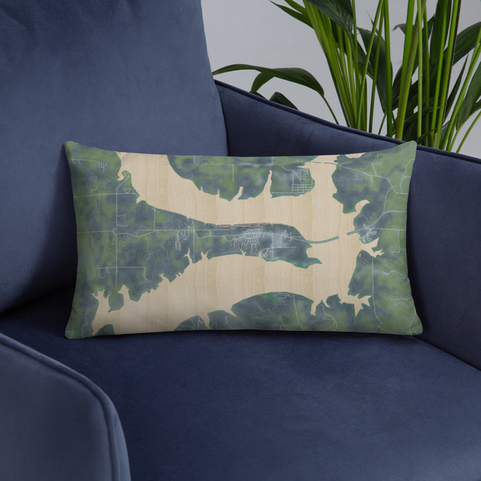 Custom Kaw City Oklahoma Map Throw Pillow in Afternoon on Blue Colored Chair