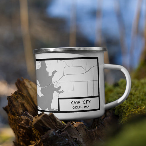 Right View Custom Kaw City Oklahoma Map Enamel Mug in Classic on Grass With Trees in Background