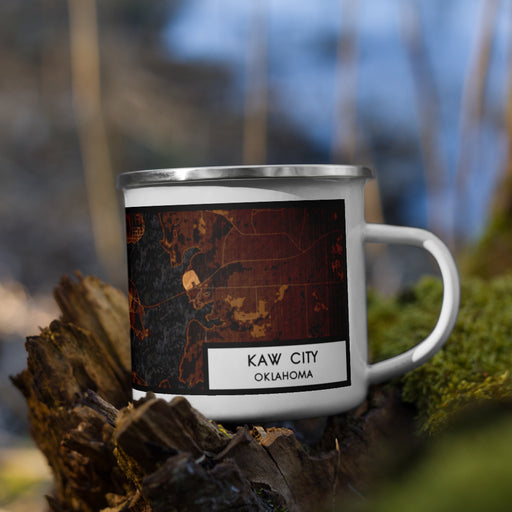 Right View Custom Kaw City Oklahoma Map Enamel Mug in Ember on Grass With Trees in Background