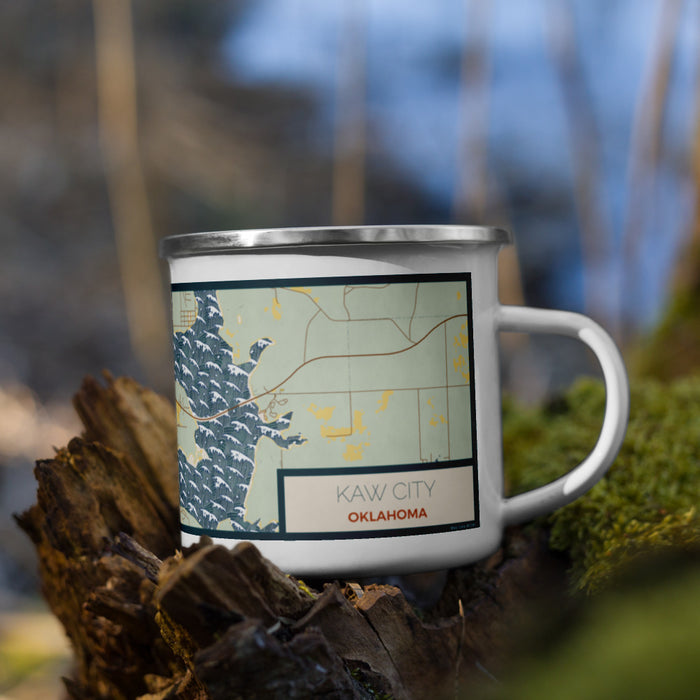 Right View Custom Kaw City Oklahoma Map Enamel Mug in Woodblock on Grass With Trees in Background