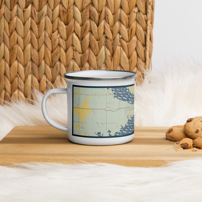 Left View Custom Kaw City Oklahoma Map Enamel Mug in Woodblock on Table Top