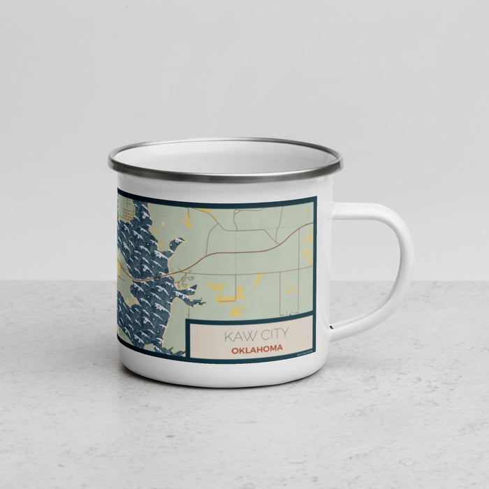 Right View Custom Kaw City Oklahoma Map Enamel Mug in Woodblock