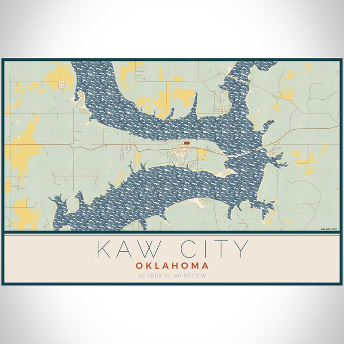 Kaw City Oklahoma Map Print Landscape Orientation in Woodblock Style With Shaded Background