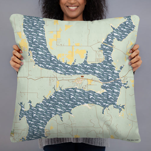 Person holding 22x22 Custom Kaw City Oklahoma Map Throw Pillow in Woodblock