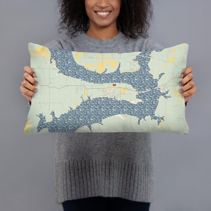 Person holding 20x12 Custom Kaw City Oklahoma Map Throw Pillow in Woodblock