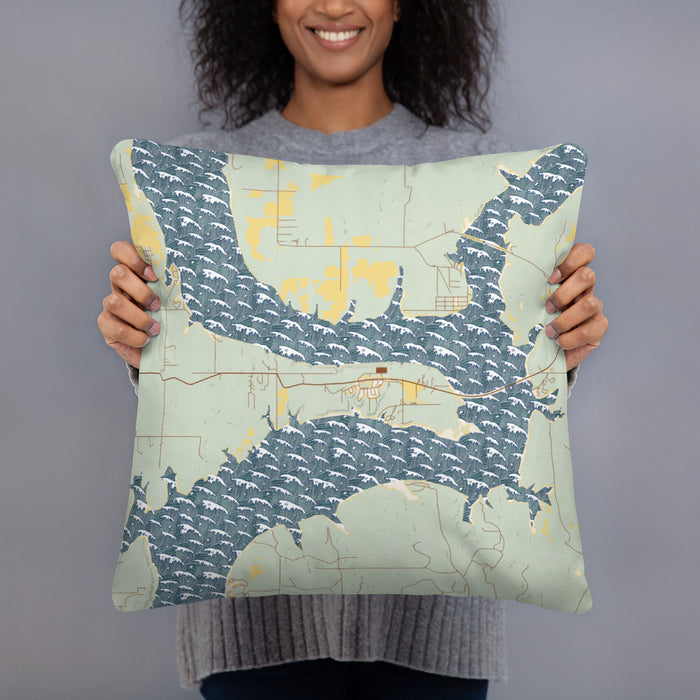 Person holding 18x18 Custom Kaw City Oklahoma Map Throw Pillow in Woodblock