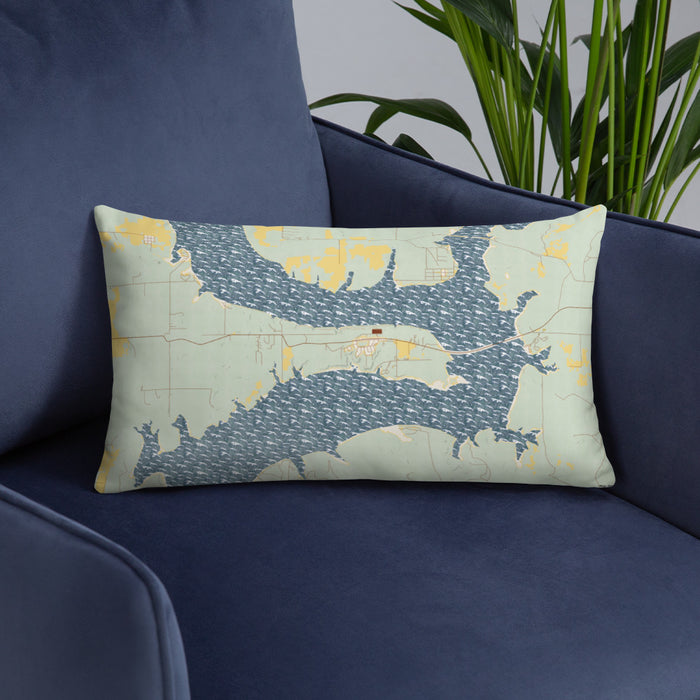 Custom Kaw City Oklahoma Map Throw Pillow in Woodblock on Blue Colored Chair