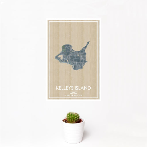 12x18 Kelleys Island Ohio Map Print Portrait Orientation in Afternoon Style With Small Cactus Plant in White Planter