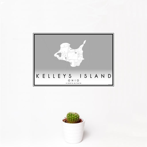 12x18 Kelleys Island Ohio Map Print Landscape Orientation in Classic Style With Small Cactus Plant in White Planter