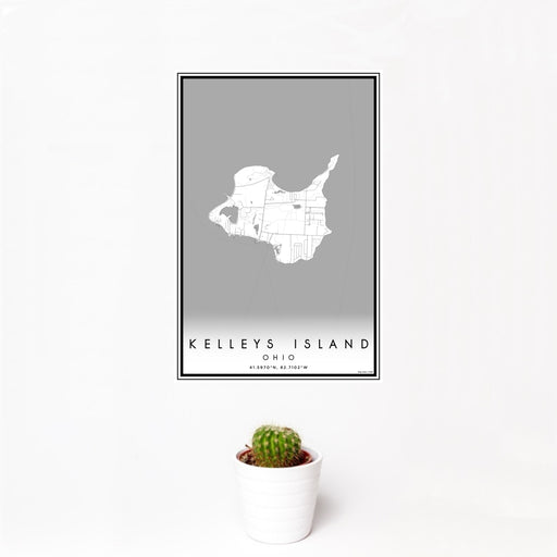 12x18 Kelleys Island Ohio Map Print Portrait Orientation in Classic Style With Small Cactus Plant in White Planter