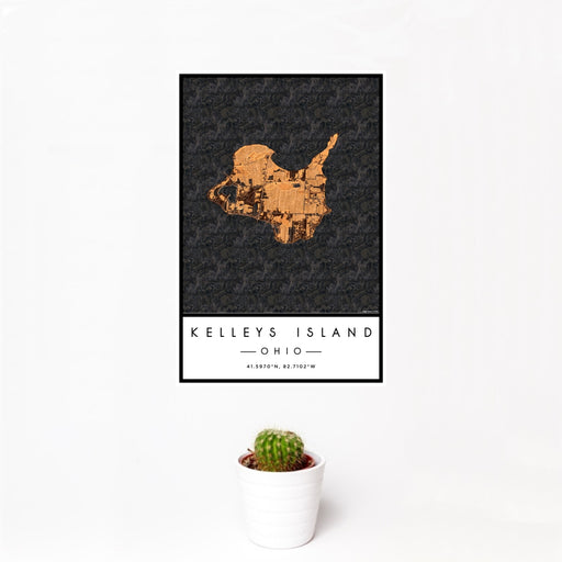 12x18 Kelleys Island Ohio Map Print Portrait Orientation in Ember Style With Small Cactus Plant in White Planter
