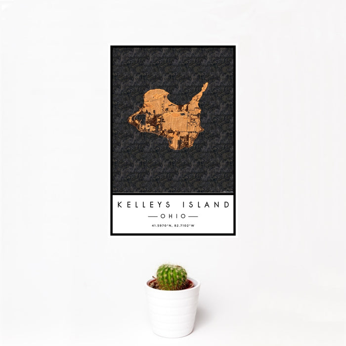 12x18 Kelleys Island Ohio Map Print Portrait Orientation in Ember Style With Small Cactus Plant in White Planter