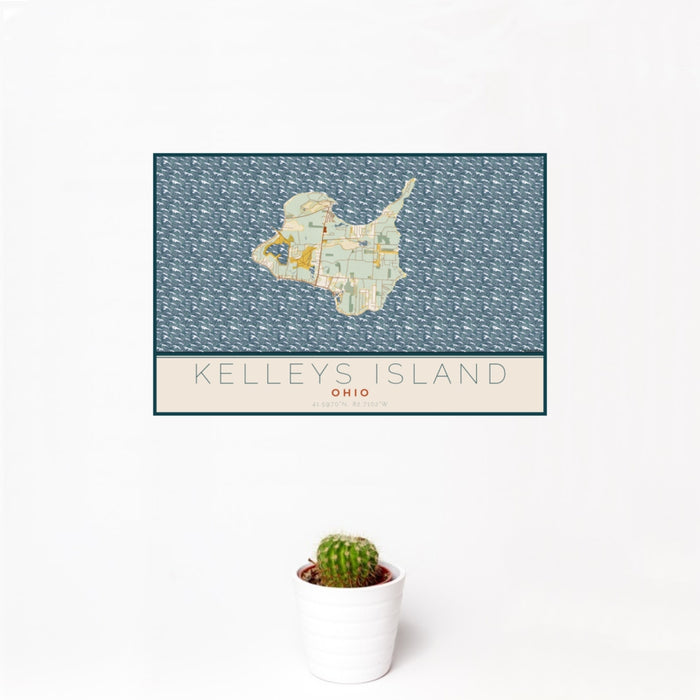 12x18 Kelleys Island Ohio Map Print Landscape Orientation in Woodblock Style With Small Cactus Plant in White Planter