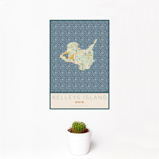 12x18 Kelleys Island Ohio Map Print Portrait Orientation in Woodblock Style With Small Cactus Plant in White Planter
