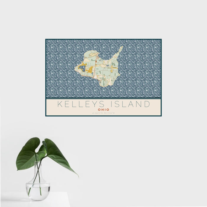 16x24 Kelleys Island Ohio Map Print Landscape Orientation in Woodblock Style With Tropical Plant Leaves in Water