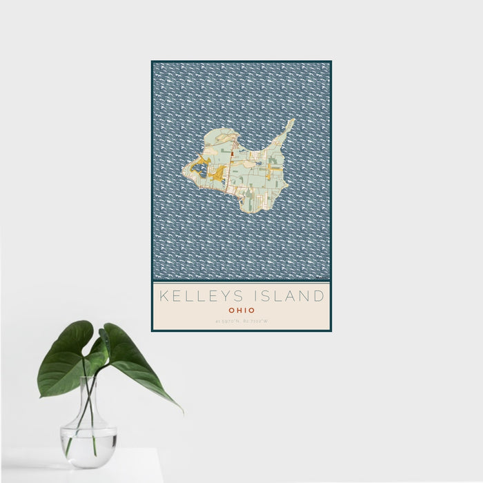16x24 Kelleys Island Ohio Map Print Portrait Orientation in Woodblock Style With Tropical Plant Leaves in Water