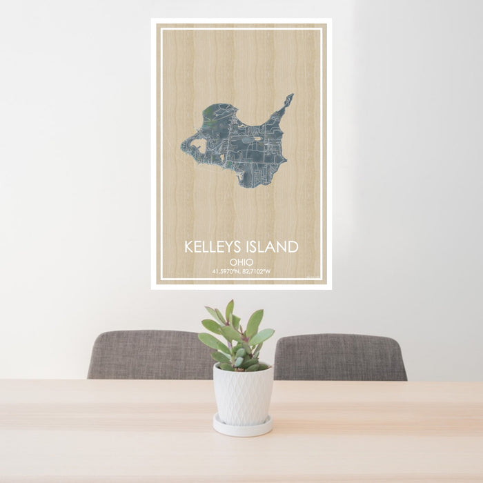 24x36 Kelleys Island Ohio Map Print Portrait Orientation in Afternoon Style Behind 2 Chairs Table and Potted Plant