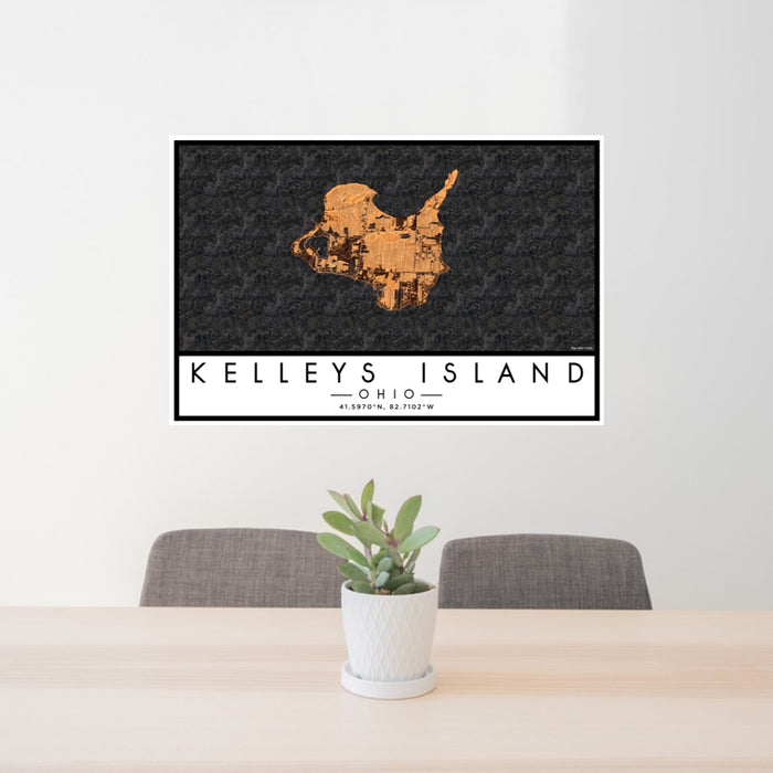 24x36 Kelleys Island Ohio Map Print Lanscape Orientation in Ember Style Behind 2 Chairs Table and Potted Plant