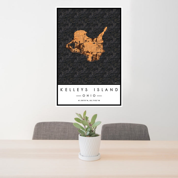 24x36 Kelleys Island Ohio Map Print Portrait Orientation in Ember Style Behind 2 Chairs Table and Potted Plant