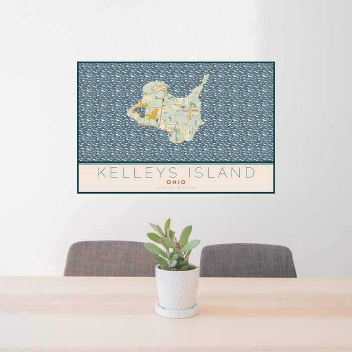 24x36 Kelleys Island Ohio Map Print Lanscape Orientation in Woodblock Style Behind 2 Chairs Table and Potted Plant