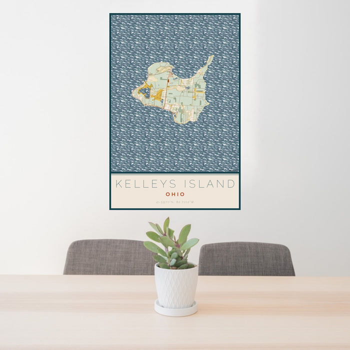 24x36 Kelleys Island Ohio Map Print Portrait Orientation in Woodblock Style Behind 2 Chairs Table and Potted Plant