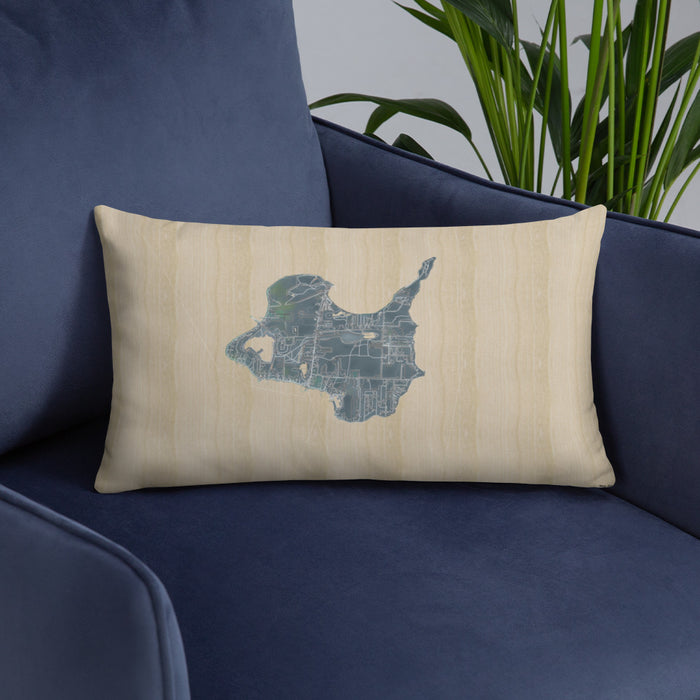 Custom Kelleys Island Ohio Map Throw Pillow in Afternoon on Blue Colored Chair